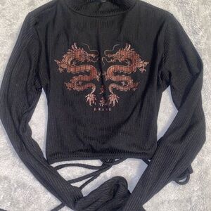 Black Long Sleeve Top with Dragon Design